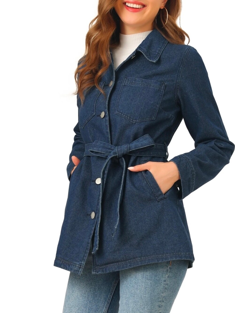 Allegra K Dark Blue Denim Tie-Waist Jacket